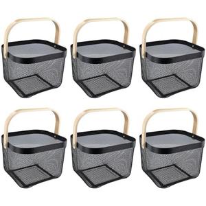 6 PCS Garden Harvest Basket, 10.2 x 10.2 x 7.1in Metal Mesh Picnic Baskets with Wooden Handle, Rectangle Hanging Basket Bin for Gathering Vegetables Fruit Cherry Tomatoes, Kitchen Cabinet (Black)