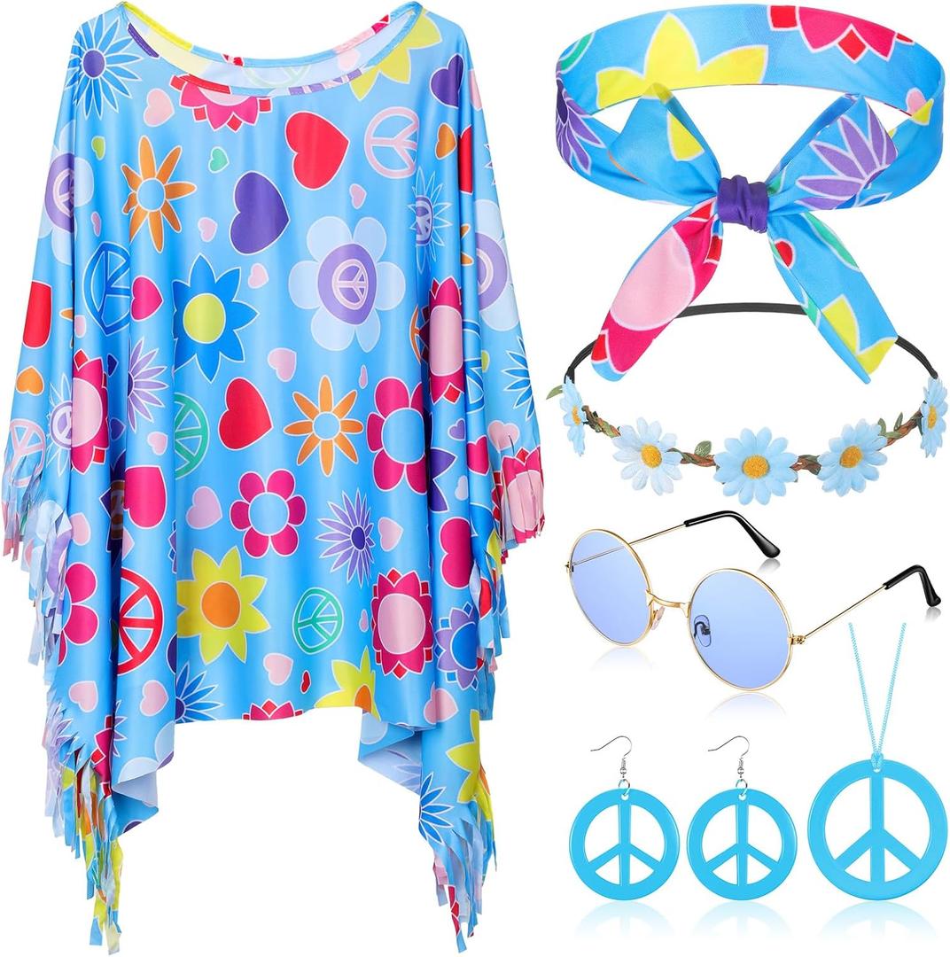 Hicarer 6 Pcs Hippie Costume Accessories Set Includes Headband Poncho Necklace Earrings Sunglasses for Women Girls