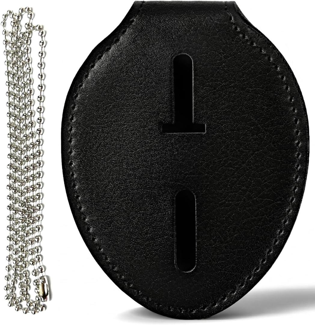 Genuine Leather Police Badge Holder with Belt Clip and Neck Chain, Universal Recessed Heavy Duty Badge Holder for Law Enforcement,Sheriff-Oval