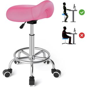 YEEZEE Saddle Stool Ergonomic- Comfortable Rolling Saddle Stool with Wide Thick Saddle Seat Padding, Swivel Adjustable Saddle Chair with Wheels and Ring Pedal for Medical Massage Salon (Pink)