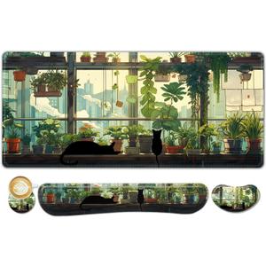 ToLuLu Extended Gaming Mouse Pad, Memory Foam Ergonomic Keyboard Mouse Wrist Rest Support Set, Large Desk Mat with Stitched Edges, Non-Slip Base Mousepad Home Office, Cute Green Japanese Kawaii Cat