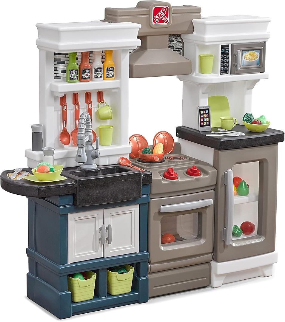 Step2 Modern Metro Kitchen Set for Kids Includes 30+ Toy Kitchen Accessories, Interactive Features for Pretend Play Indoor/Outdoor Toddler Playset Dimensions 44.75" H x 46.5" W x 13.5" D