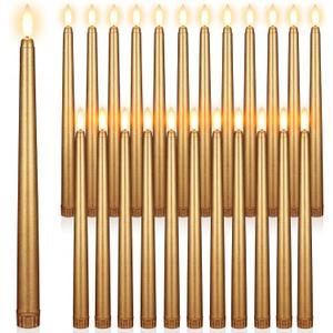 Macarrie 24 Packs Flameless Taper Candles Battery Operated Fake 11 Inch Long Candlelight LED Flameless Candlesticks Flickering Tapered for Spring Summer Wedding(Gold)
