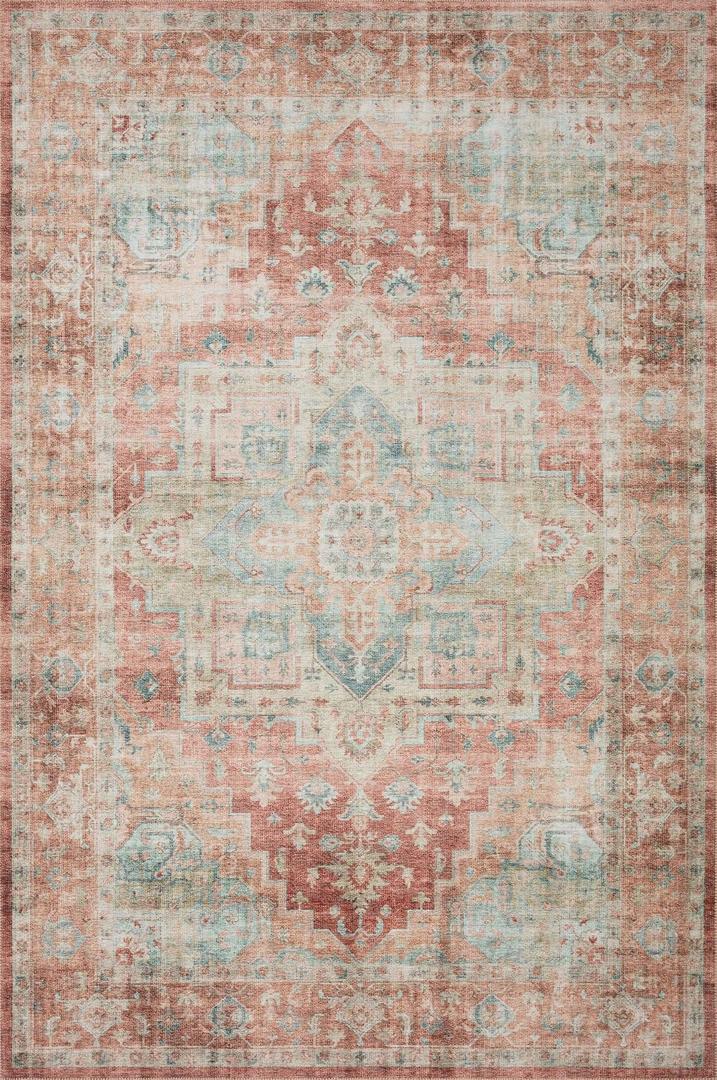 Loloi Heidi Terracotta/Aqua 2'-0" x 5'-0" Accent Rug | HEI-01 Printed Approx. 2x5 Orange Entryway Kitchen, Timeless, Classic, Textured, Old-World, Accent Rug