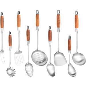 Stainless Steel Kitchen Utensils Set with Wooden Handle for Cooking 9 PCS with Solid and Slotted Spoon, Fork, Spatula, Ladle, Skimmer, Slotted Tunner, Spaghetti and Large Spoon