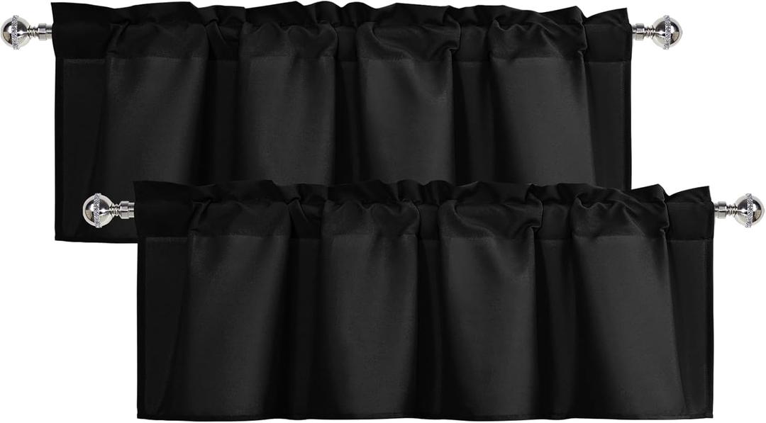 XWZO Kitchen Valances Curtains for Windows Living Room Bedroom Bathroom Toppers Farmhouse Style Rustic Dinning Room Thermal Insulated Rod Pocket, W52 x L18 Inch Length, Black, 2 Pieces