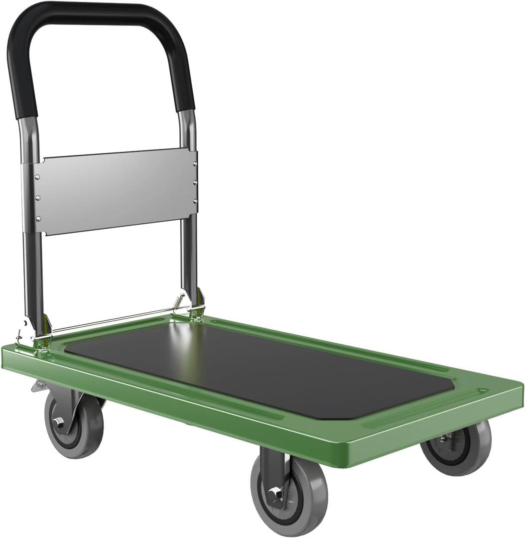 Upgraded Foldable Push Cart Dolly | 660 lbs. Capacity Moving Platform Hand Truck | Heavy Duty Space Saving Collapsible | Swivel Push Handle Flat Bed Wagon - Green