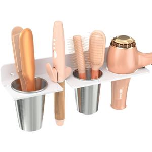 HIIMIEI Hair Tool Organizer Wall Mount, White Acrylic Hot Tool Holder with 2Cups, Bathroom Hair Styling Accessories Storage Organizer for Flat Iron, Blow Dryer, Curling Wand