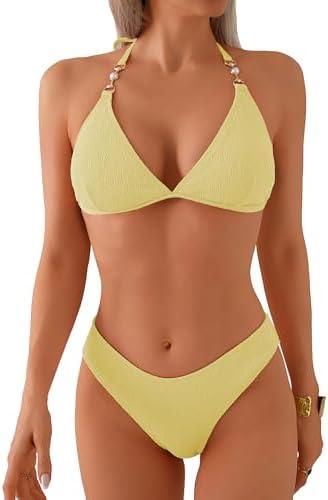 swimall Women's Triangle Bikini Set Cheeky High Cut Sexy Two Piece Swimsuit Cute Halter Bathing Suit, Medium