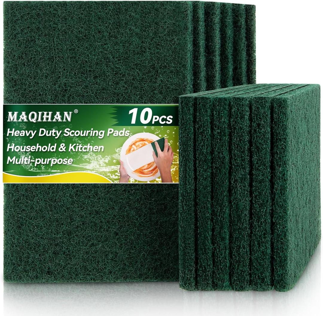 MAQIHAN Heavy Duty Scouring Pad - 10PCS Scouring Pads for Heavy Duty Cleaning Scrubbing Pads for Kitchen Bathroom Household Cleaning Dish Scrubber Scrub Sponges for Oven Barbecue Grill Bathtub (Dark Green)