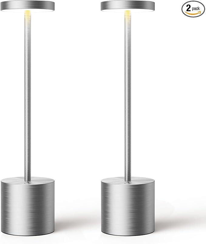 SAKRINGT Cordless Table Lamps Rechargeable,6000mAh Portable Battery Operated LED Table Light for Restaurant Outdoor 2 Pack Silver
