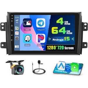 4+64G Android 15 Car Stereo for Suzuki SX4 2006-2013,9 inch IPS 1280 * 720 Touch Screen Radio Wireless Apple Carplay Android Auto DSP 5G WiFi Bluetooth GPS FM RDS+Free AHD Backup Camera