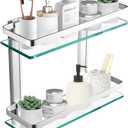 2-Tier Bathroom Glass Shelves, Wall Mounted Tempered Glass Shelf Organizer Storage Holder with 14 Inch Rectangular Glass (8mm Thick) and Aluminum Rail for Shower Lavatory, Hardware Included