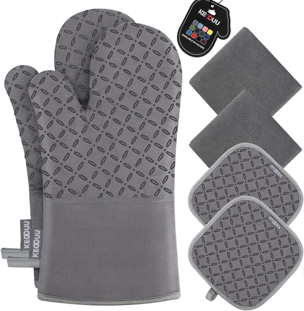KEGOUU Oven Mitts and Pot Holders 6pcs Set, Kitchen Oven Glove High Heat Resistant 500 Degree Extra Long Oven Mitts and Potholder with Non-Slip Silicone Surface for Cooking (Grey)  