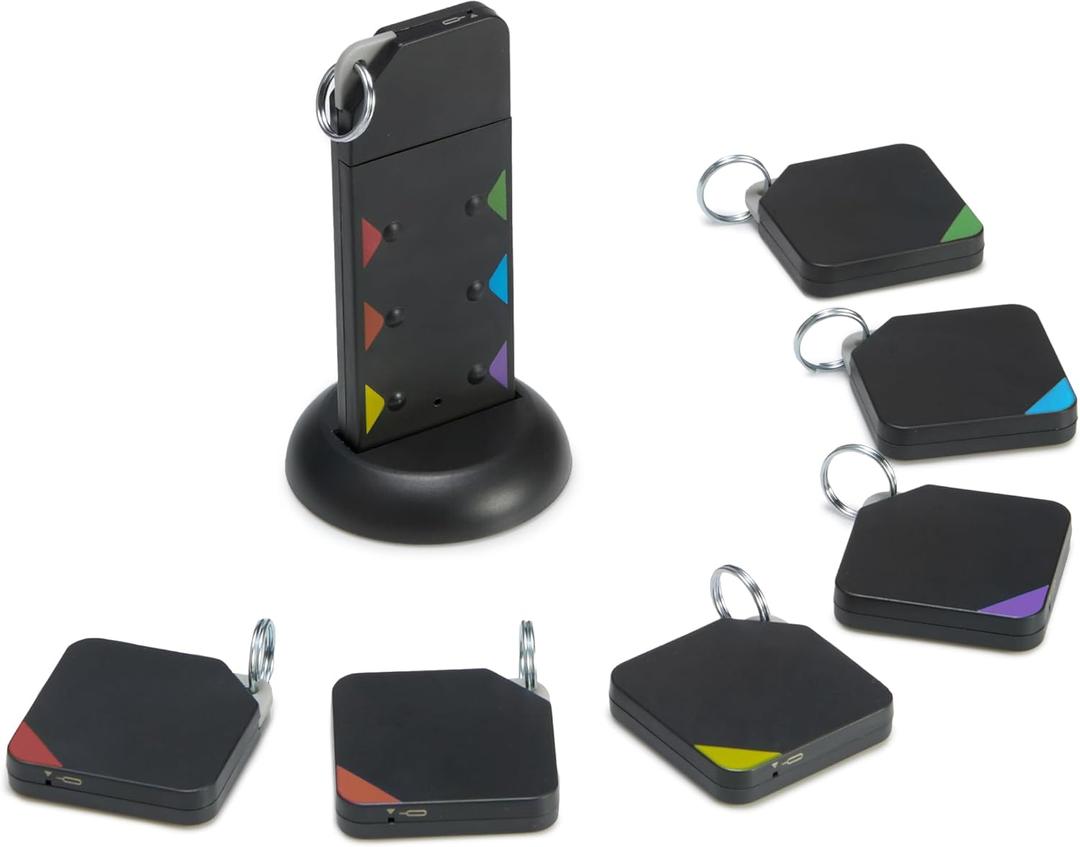 Amazon Basics Key Finder, Wallet, Pet, Phone, Item Locator - 6 Smart Trackers, 1 Remote, 100 ft (30 m) Range, up to 80dB alarm via RF signals. No phone, mobile app or WiFi required