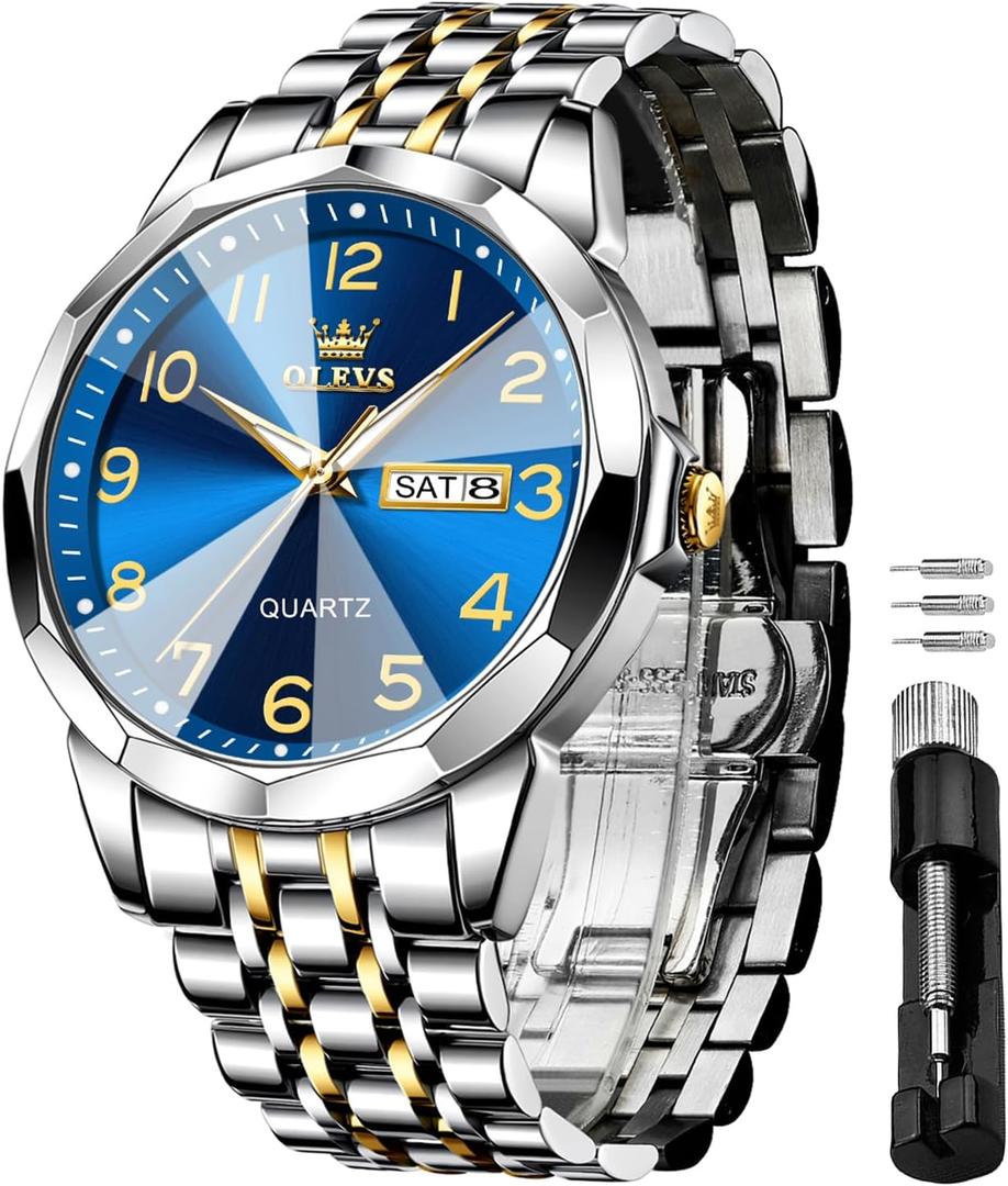 OLEVS Watch for Men Luxury Dress Analog Quartz Stainless Steel Waterproof Luminous Date Diamond Business Two Tone Casual Wrist Watch (Gold-blue)