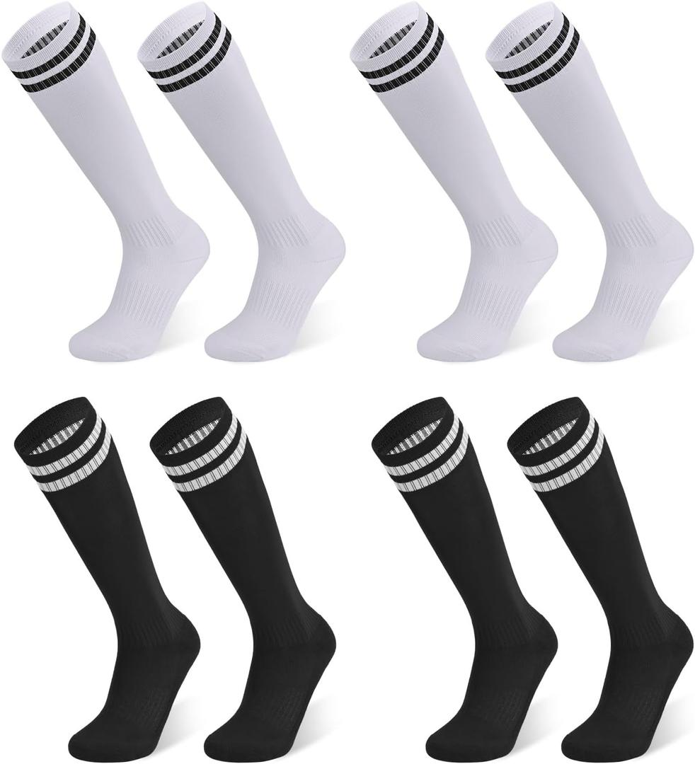 Finerview Kids Soccer Socks Baseball Softball Socks, Knee High Stripes Arch Ankle Support Athletic Socks for Boys & Girls (Small, 4 Pairs Black/White)