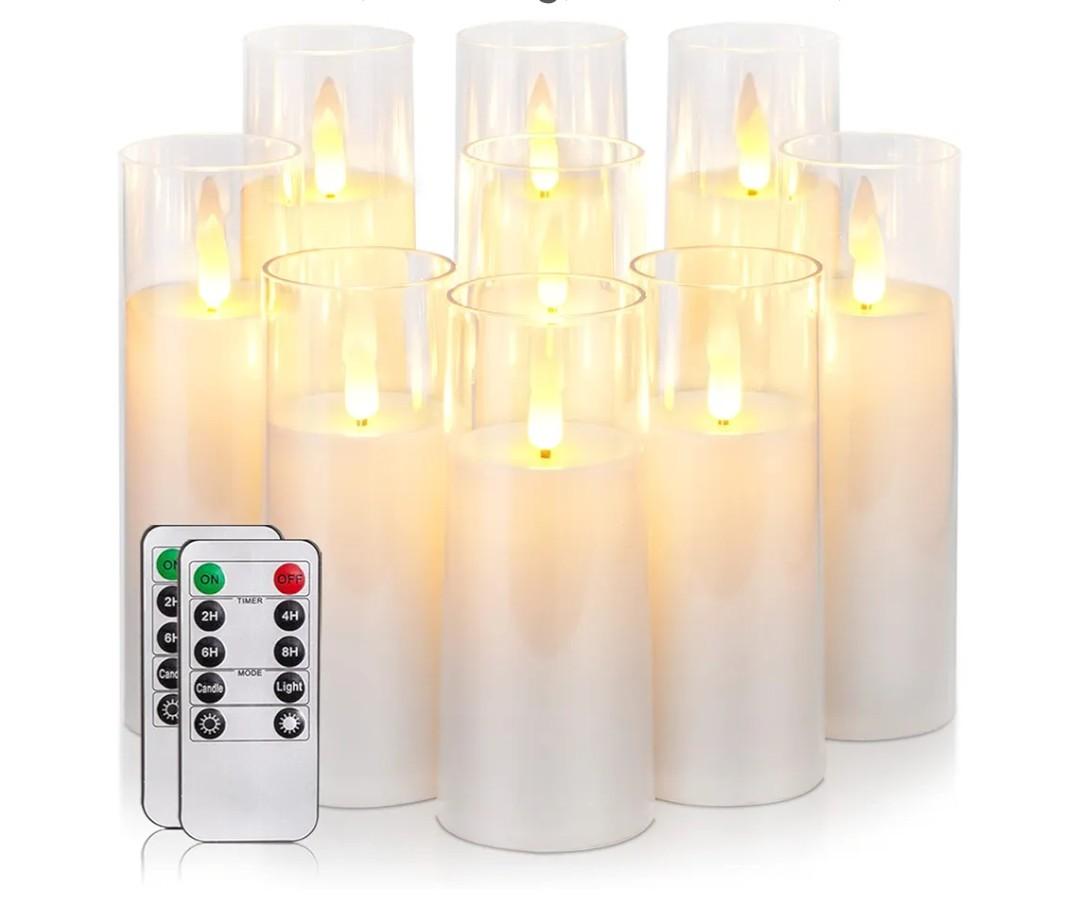 Homemory Pure White Acrylic Flameless Candles, LED Candles, Battery Operated Candles with Remote Control and Timer, Fake Electric Candle, Wedding, Home Decor, Set of 9