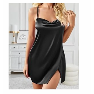 Women's Satin Nightgown Silk Mini Slips Sexy V Neck Negligee Lingerie Dress Chemise Nightwear, Black, Size M
