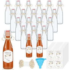 Queekay 20 Pack Mini Swing Top Glass Bottles for Vanilla Extract Homemade Olive Oil Bottles with Lids Airtight Cap Lids Labels for Wedding Baby Shower Favors(Clear,8 oz)