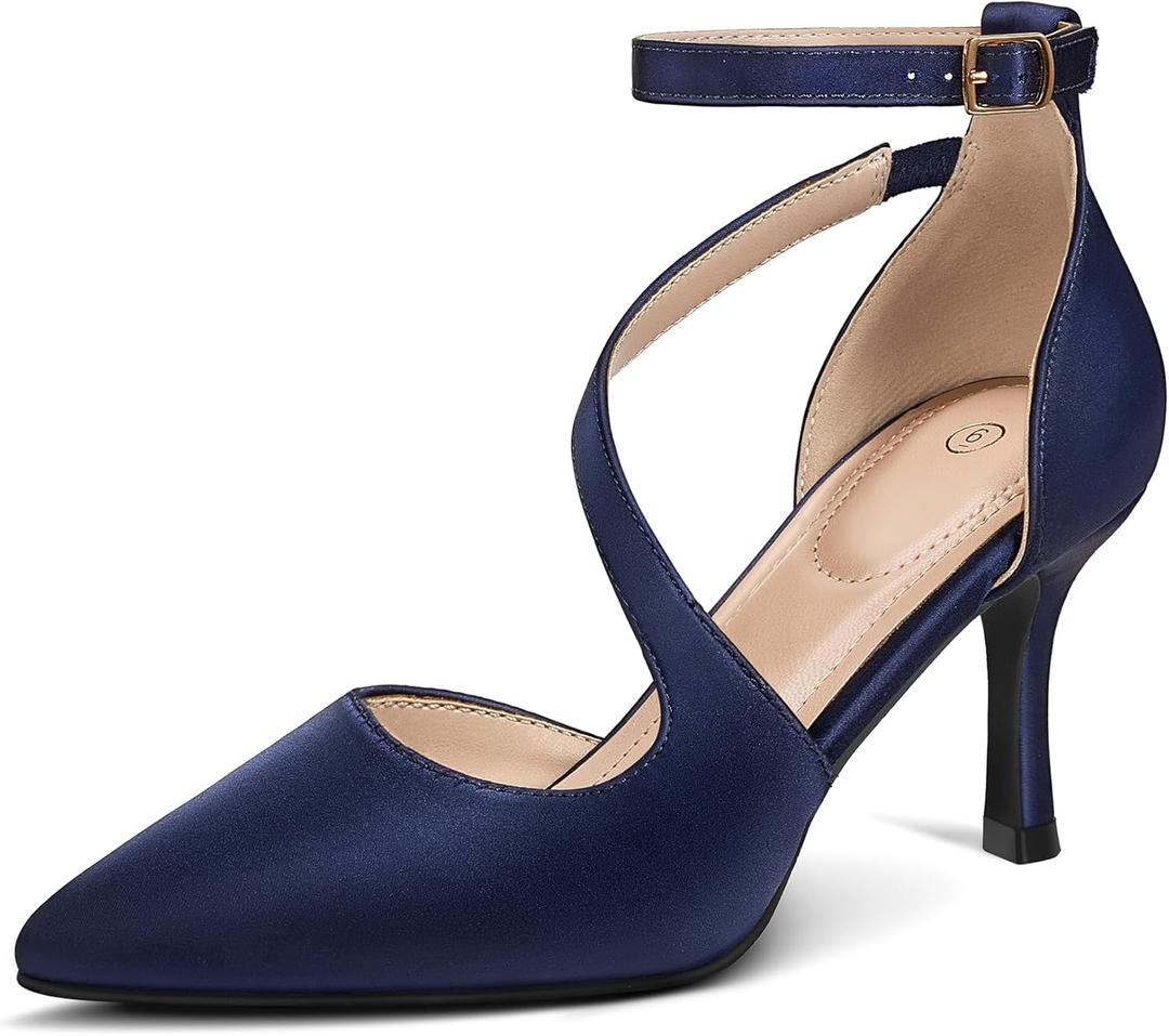 mysoft Women's Pumps Pointed Toe Stiletto Ankle Strap Closed Toe Low Heel Wedding Party Dress Shoes (8, Navy)