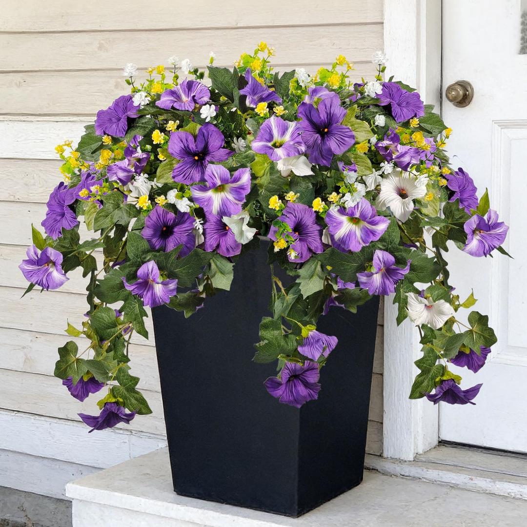 5 Bundles Artificial Fake Flowers Plants for Outdoor Decoration, Fake Silk Petunias Flowers with Fake Wheat Grass UV Resistant for Home Outside Garden Balcony Yard Porch Decor (Purple White Yellow)