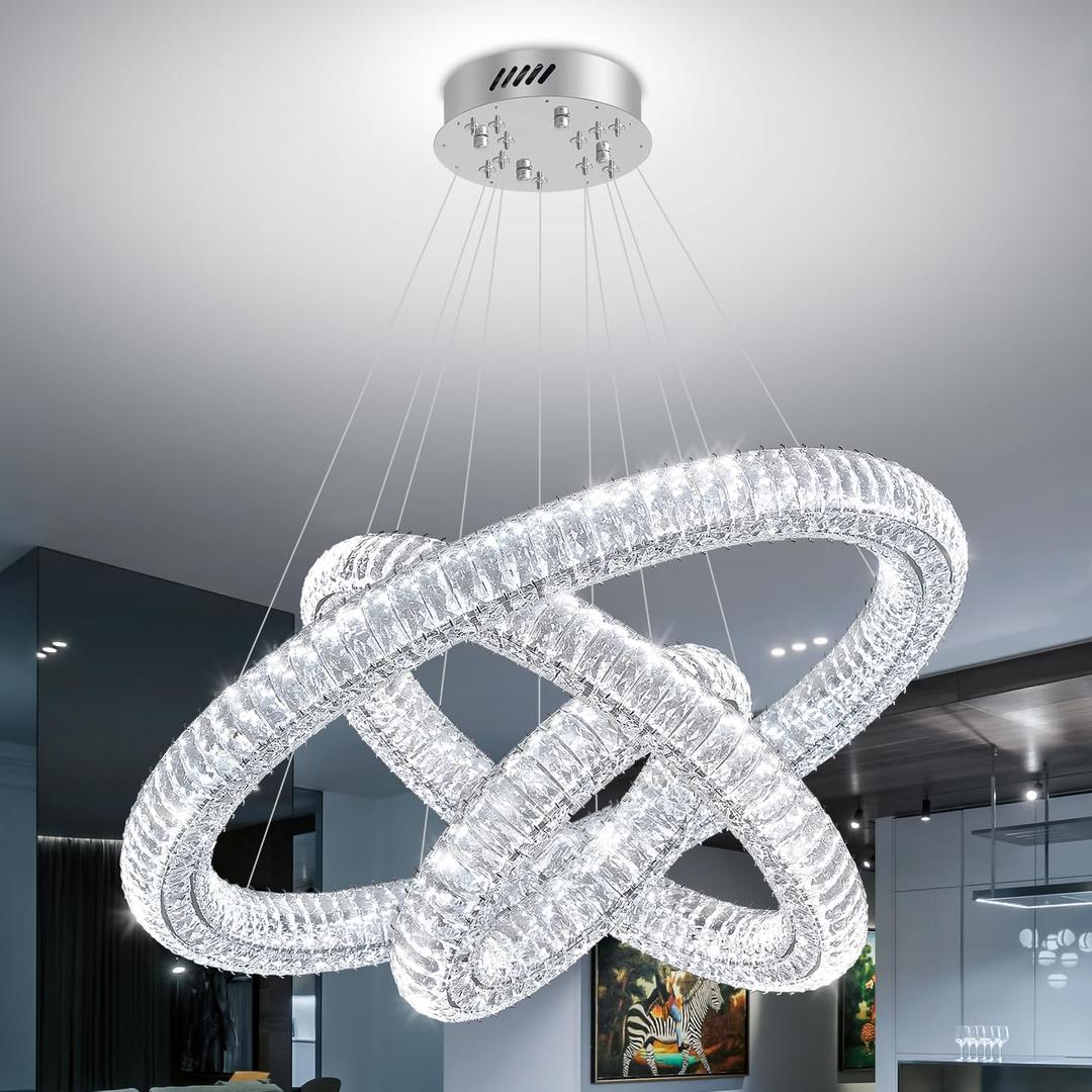 3 Ring Crystal Chandelier for Living Room High Ceiling Chandeliers for Foyer LED Dimmable Chandelier 3000-6000K Silver D32''+D24''+D16''