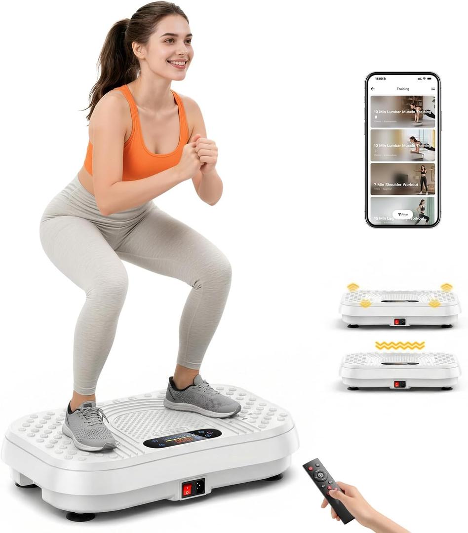 Vibration Plate Exercise Machine with APP, 3D Dual Motor Vibration Plate 199 Adjustable Speed, Vibrating Plate Automatic Mode P1-P7, 450 Lbs Capacity Shake Plate with Remote Control(White)