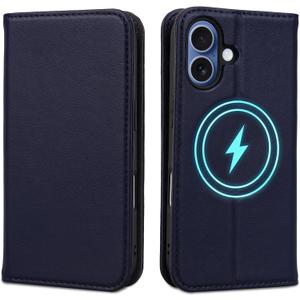 Wallet Case for iPhone 17 6.3", Genuine Leather Flip Folio Case Compatible with Magsafe, RFID Blocking Magnetic Card Holder Kickstand Cover Men Women for iPhone 17, Darkblue