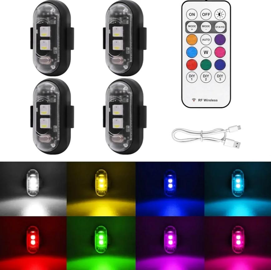 4PCS Wireless LED Strobe Lights with Remote Control, 8 Colors USB Charing Waterproof Anti-Collision Led Emergency Warning Lights for Car Motorcycle Drone Aircraft Bike