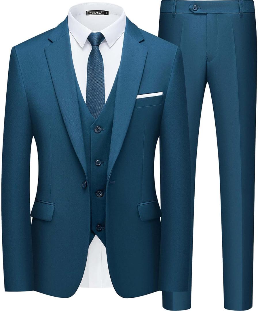 WULFUL Mens Slim Fit Suit One Button 3-Piece Blazer Dress Business Wedding Party Jacket Vest & Pant (X-Large, Teal Blue)
