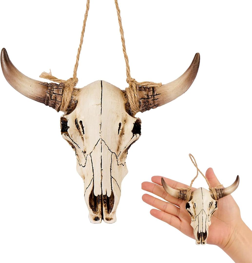 Halloween Cow Skull Wall Decor,Dearded Dragon Tank Decor Flooring Accessories, Mini Cow Skull with Horns, Cow Head Skull with Rope, Fish Tanks, Cars, Etc.(Brown)