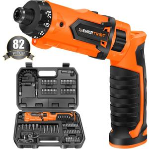 ENERTWIST 8V Cordless Electric Screwdriver, 82pcs 10Nm Max Fast Rechargeable Screwdriver Set with 1Hr Charger and Accessory Kit in Carrying Case, 21+1 Cluth, Dual Position Handle, ET-CS-8K