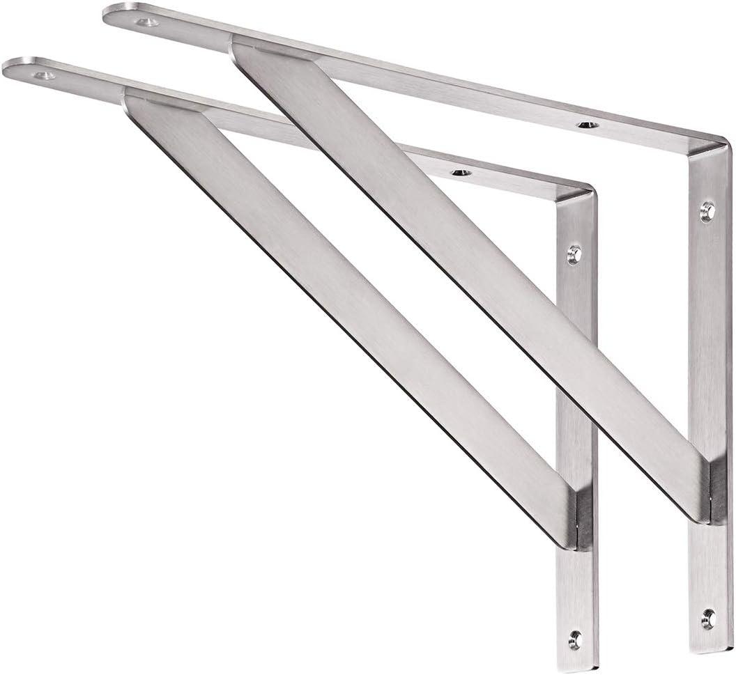 YUMORE 14" Stainless Steel Shelf Bracket, Max Load: 550lb Heavy Duty Solid Shelf Support Corner Brace Joint Right Angle Bracket, Pack of 2 (Silver)