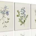 PhexlyArt 3 Piece Vintage Blue Flowers Canvas Wall Art Botanical Floral Art Minimalist Flower Pictures Wall Decor Rustic Farmhouse Botanical Art Prints for Living Room Bedroom Bathroom 12"x16"