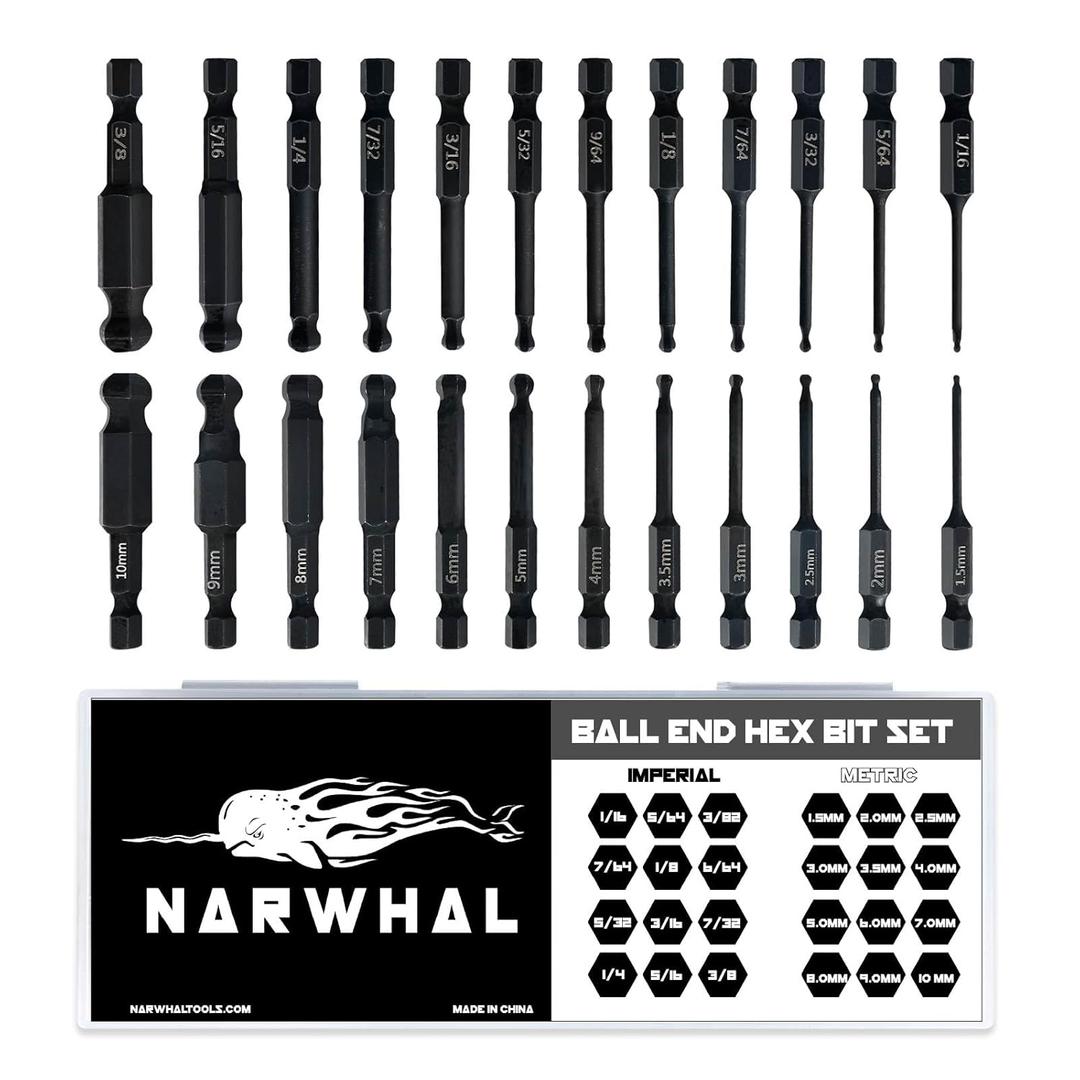 Ball End Hex Allen Wrench Drill Bit Set (24 Pack - Metric & SAE Sizes - Magnetic Tipped) - Hardened CR-MO Steel Hexagonal Bits - Perfect Replacement for Ball End Allen Wrenches & Hex Keys