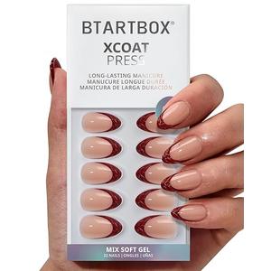 BTArtbox Press On Nails Short - Lucky Stripe, Lamp-Curable 3D French Tip Almond Press On Nails with Glue and Adhesive Tabs for Women in 16 Sizes - 32 Soft Gel Glue On Nails Kit