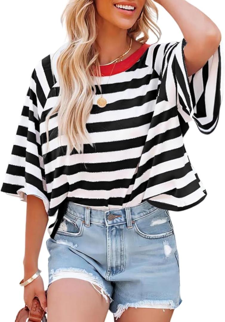 T-Shirt for Women Striped Short Sleeve Summer Top Shirts Color Block Comfy Blouse Shirts Basic Work Athletic Tee Shirt(1-Black,X-Large)