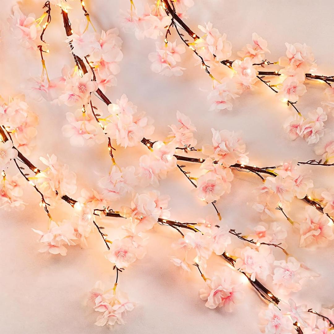 6FT Lighted Cherry Blossom Garland with 100 Fairy Lights Timer Battery Operated Artificial Cherry Blossom Flower Vines with Lights for Mantle Home Fireplace Wedding Party Office Decor 6FT Lighted Cherry Blossom Garland with 100 Fairy Lights Timer Battery Operated Artificial Cherry Blossom Flower Vines with Lights for Mantle Home Fireplace Wedding Party Office Decor
