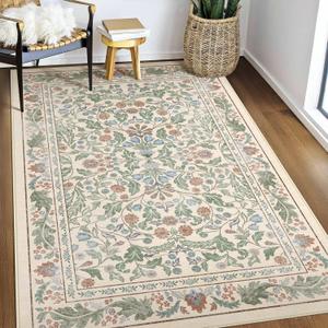 3x5 Washable Area Rug Floral Beige Entryway Small Rug Vintage Forest Low Pile Non Slip Stain Resistance Soft Carpet for Kitchen, Bedroom Beside, Laundry Room, Office Rug, Kids Room, Nursery Room
