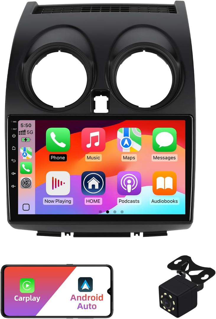 2+32G Android 14 Double Din Car Radio Stereo for Nissan Rogue Sport Qashqai 2008-2013 with 9 Inch Touchscreen Radio Built-in Wireless Carplay/Android Auto/GPS/Bluetooth/FM/AUX-in/SWC/Backup Camera