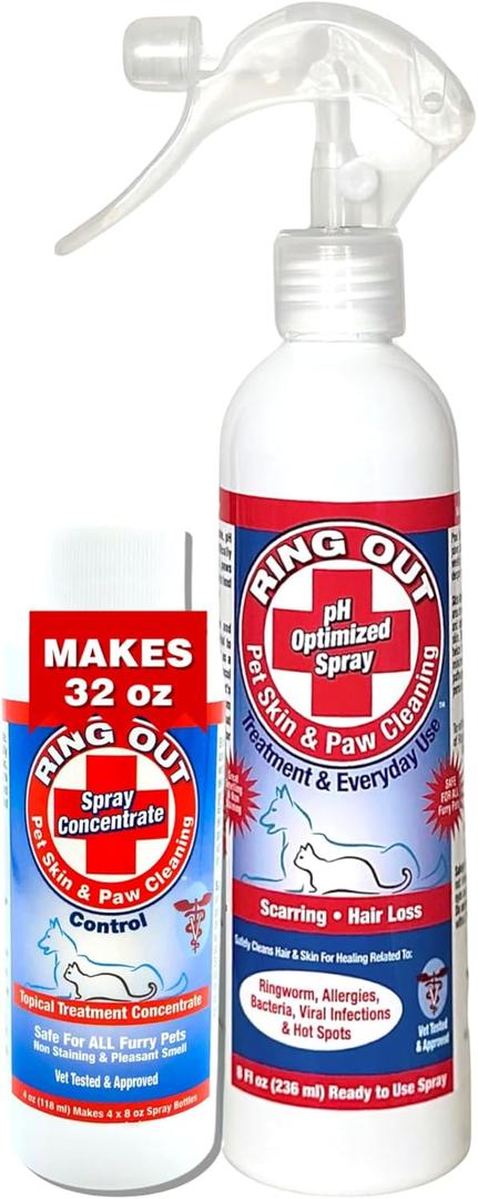 Ring Out for Pets: Control & Help Ringworm | Clean Pets Skin & Paws | Recovery & Itch Relief Calming Spray for Dog, Cat, Guinea Pig, Small or Large Animals/Pet. (Empty Applicator Bottle Included)