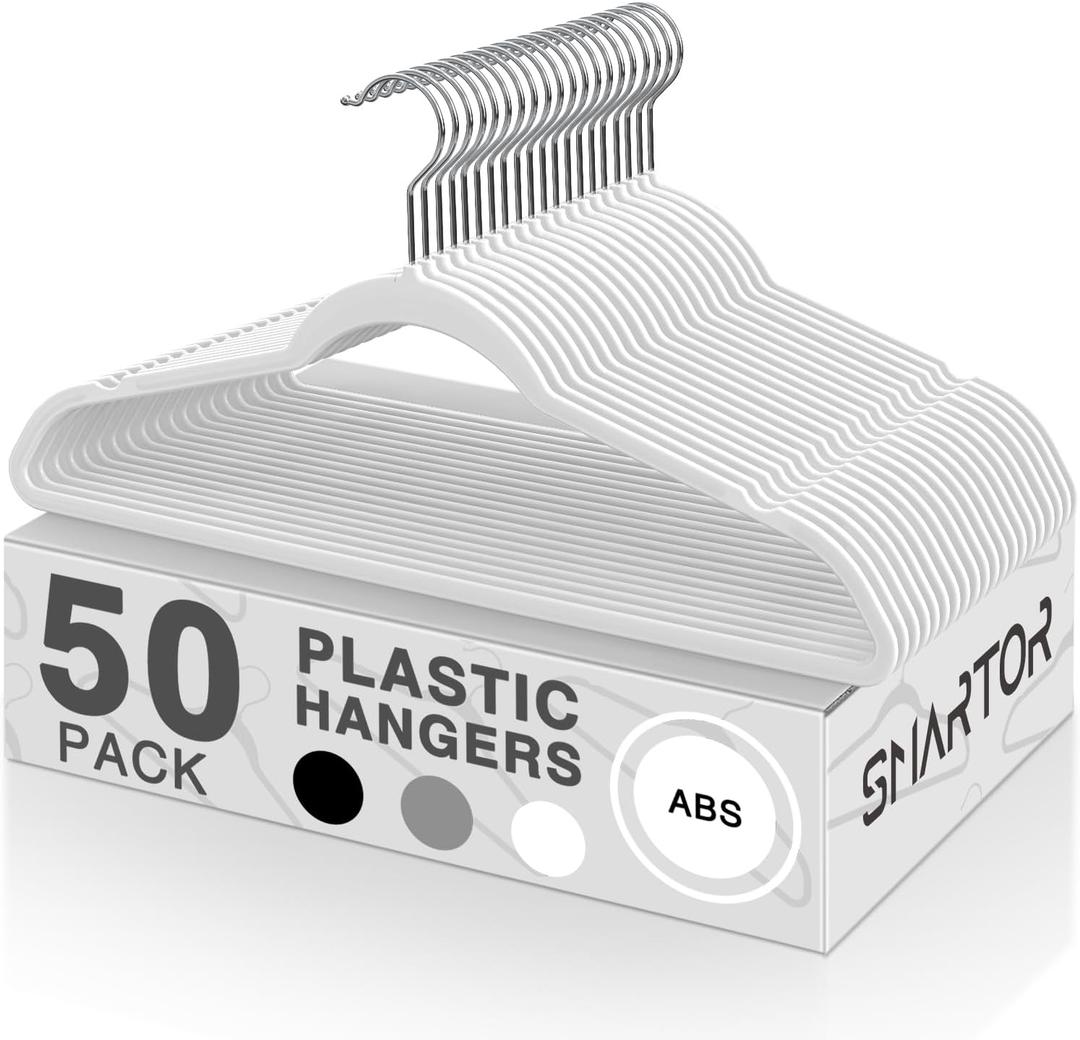 SMARTOR Plastic Hangers 50 Pack - Thin Clothes Hangers Heavy Duty | Durable | Lightweight | Space Saving | Slim | Flexible - Dorm Room Essentials for College Students - White