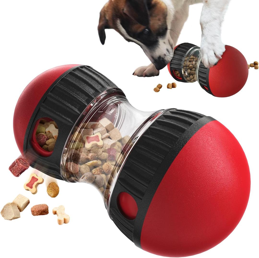 Dog Food Puzzle Toy Adjustable Treat Dispensing Food Dispenser Slow Feeder Bowls Puppy Enrichment Toy Ball Dog Interactive Chase Training Toys for Small Medium Large Dogs (Red)