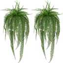 Artificial Boston Fern Bush with Ground Spike, Artificial Fake Plants Outdoor, UV Resistant Faux Fern Outdoor Plants for Indoor, Front Porch, Garden, Set of 2