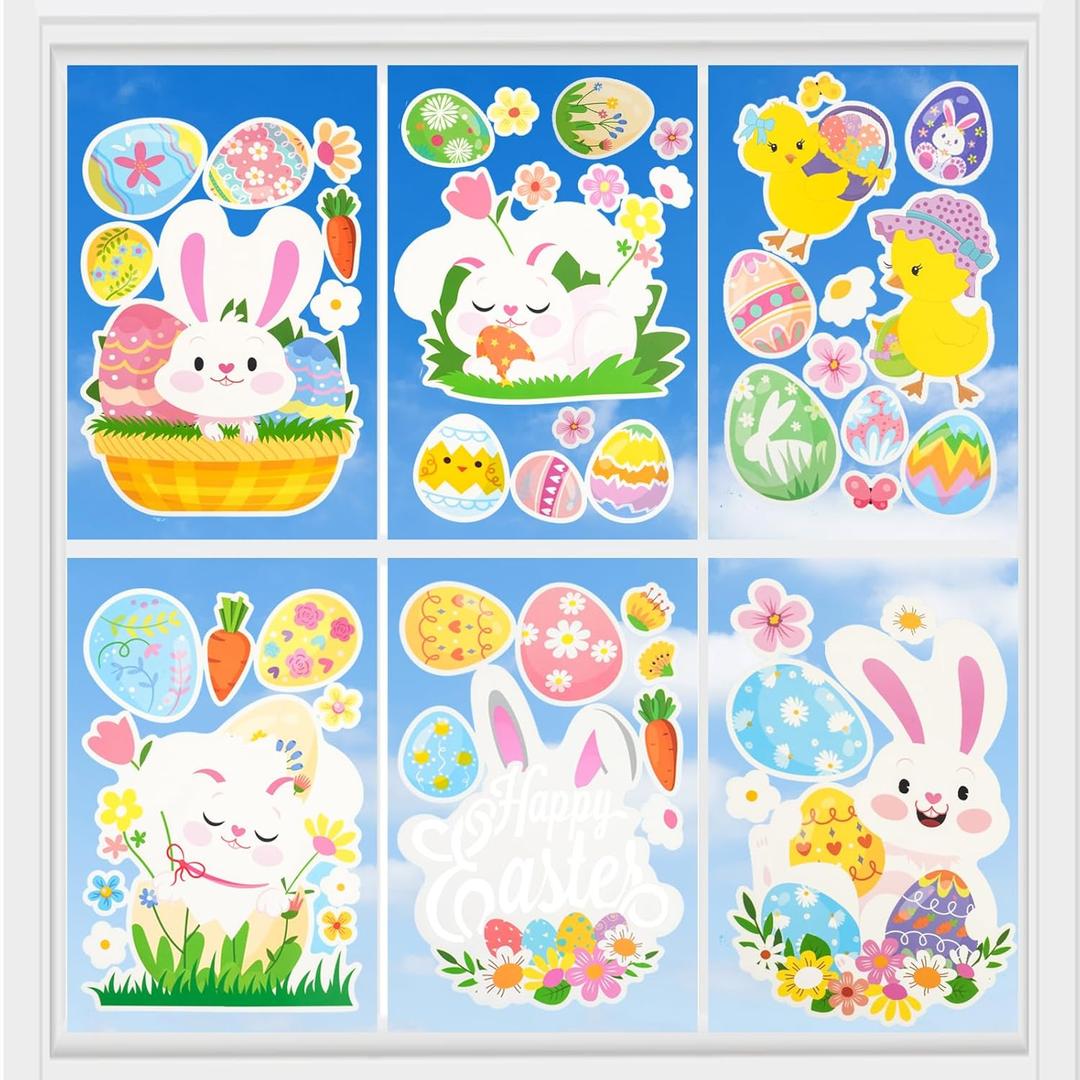 9 Pcs Easter Window Clings -Bunny Egg Flower Happy Easter Stickers, Reusable Window Decals for Easter Decorations, Home Office Classroom Glass Decor