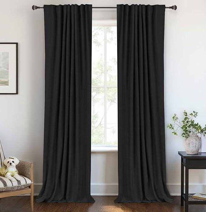 100% Blackout Shield Linen Blackout Curtains for Bedroom 102 Inches Long, Back Tab/Rod Pocket Living Room Drapes, Thermal Insulated Blackout Curtains 2 Panels Set, 50" W x 102" L, Black