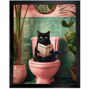 Black and White Bathroom Pictures Wall Decor, Funny Black Cat Sitting on Toliet Reading Newspaper Funny Bathroom Wall Art, Framed Animal Canvas Print Artwork for Room Decor,8''x10'',Framed