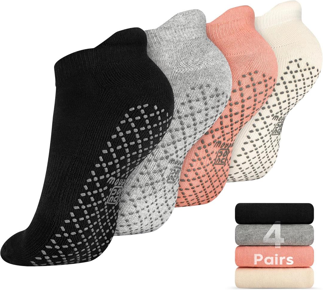 unenow Unisex Non Slip Grip Socks with Cushion for Yoga Pilates Barre Home & Hospital (Small, 4 Pairs-black/Light Grey/Beige/Pink)