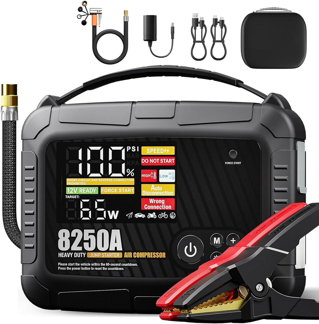 JFEGWO 8250A Heavy Duty Jump Starter with Air Compressor, 32000mAh 65W Fast Charging Portable Car Battery Booster Power Pack (for All Gas 12L Diesel), 150 PSI Tire Inflator, HD Display 12V Jump Box